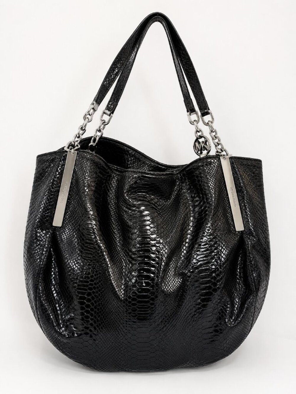 Michael Kors Black Snake Embossed Hobo Shoulder Bag Silver Chain Straps